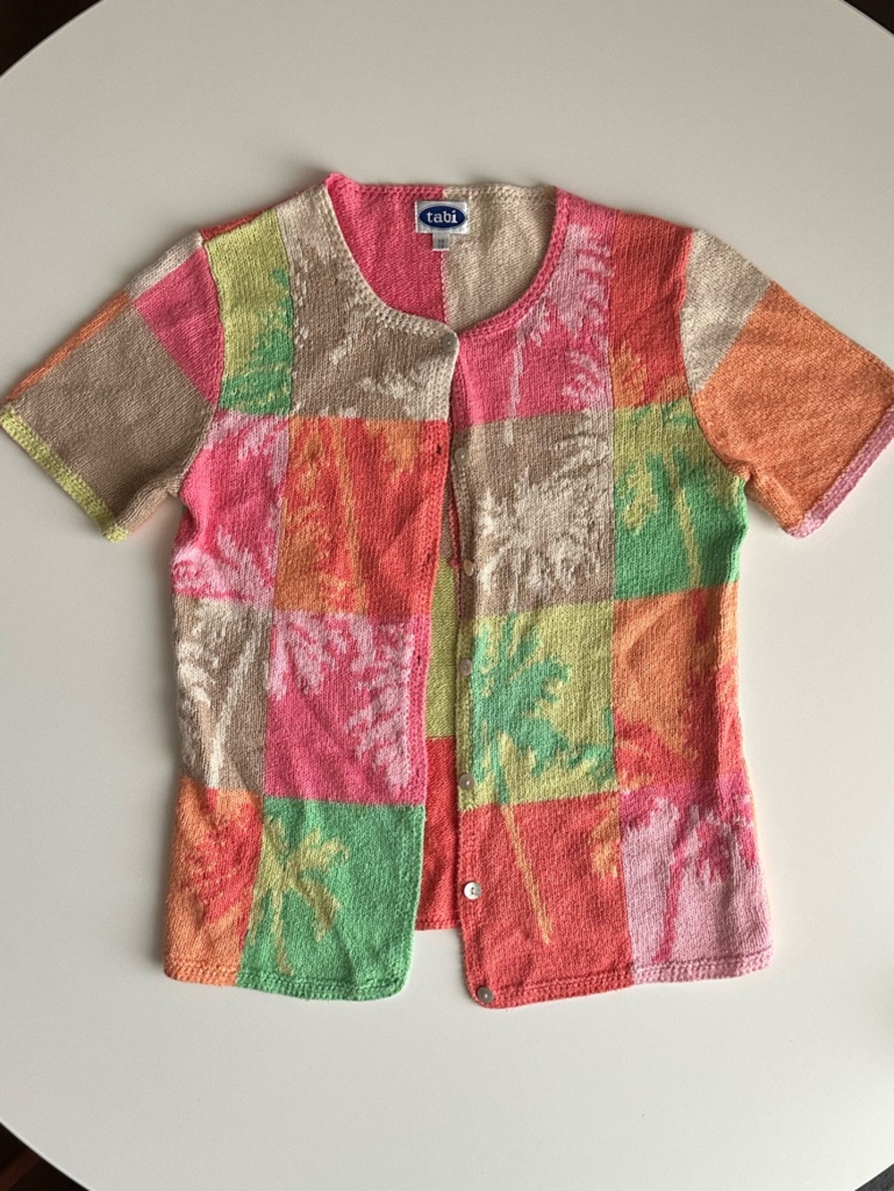 Vintage tabi Multicolor Patchwork Short Sleeve Knit Tee - Pink/Green/Orange